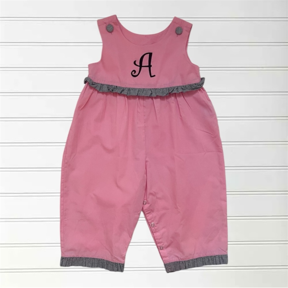 REMEMBER NGUYEN EUC Pink Ruffle Embroidered “A” Monogram Jumpsuit Longall